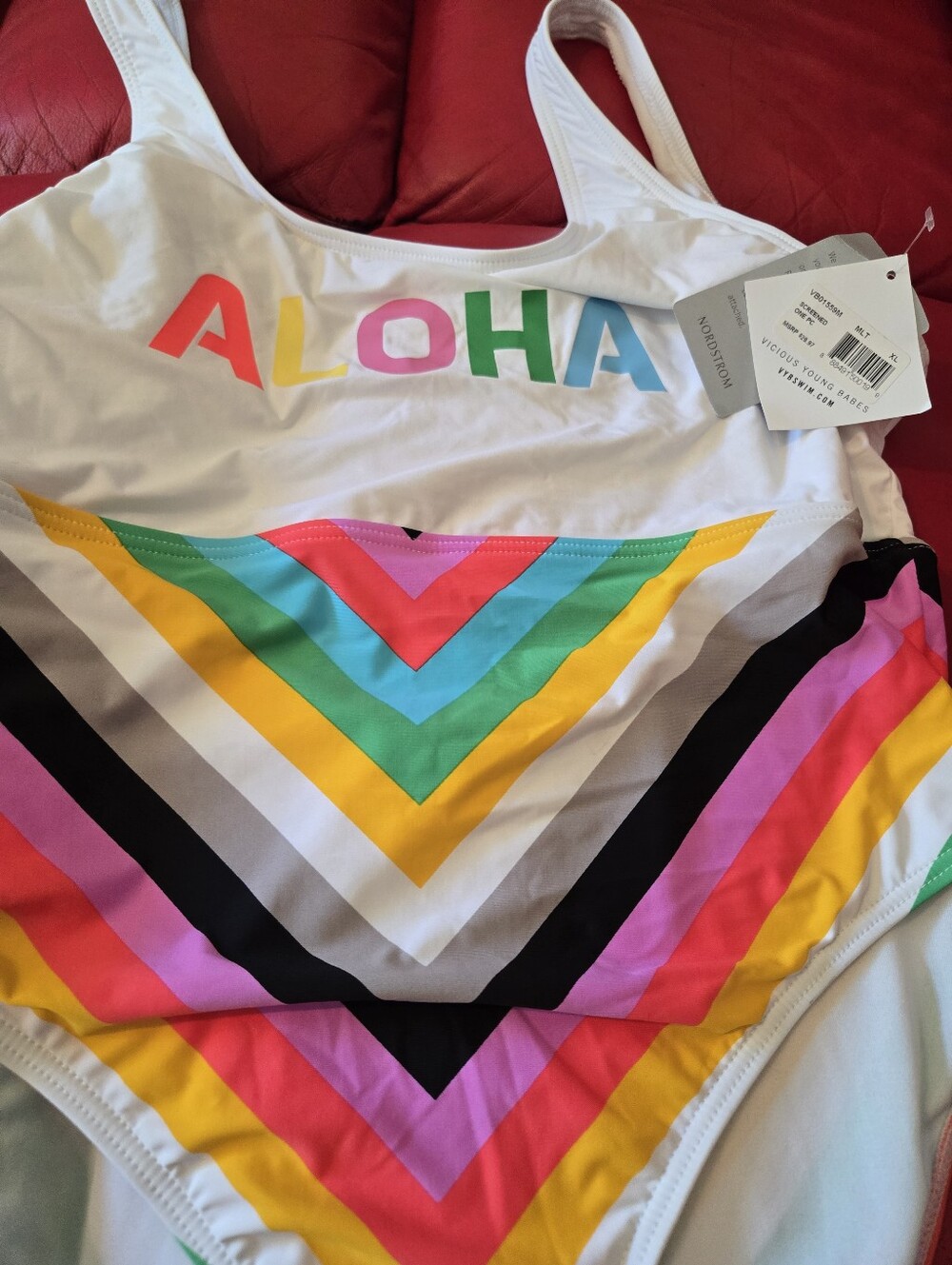 White 'ALOHA' One-Piece Swimsuit with Rainbow Chevron